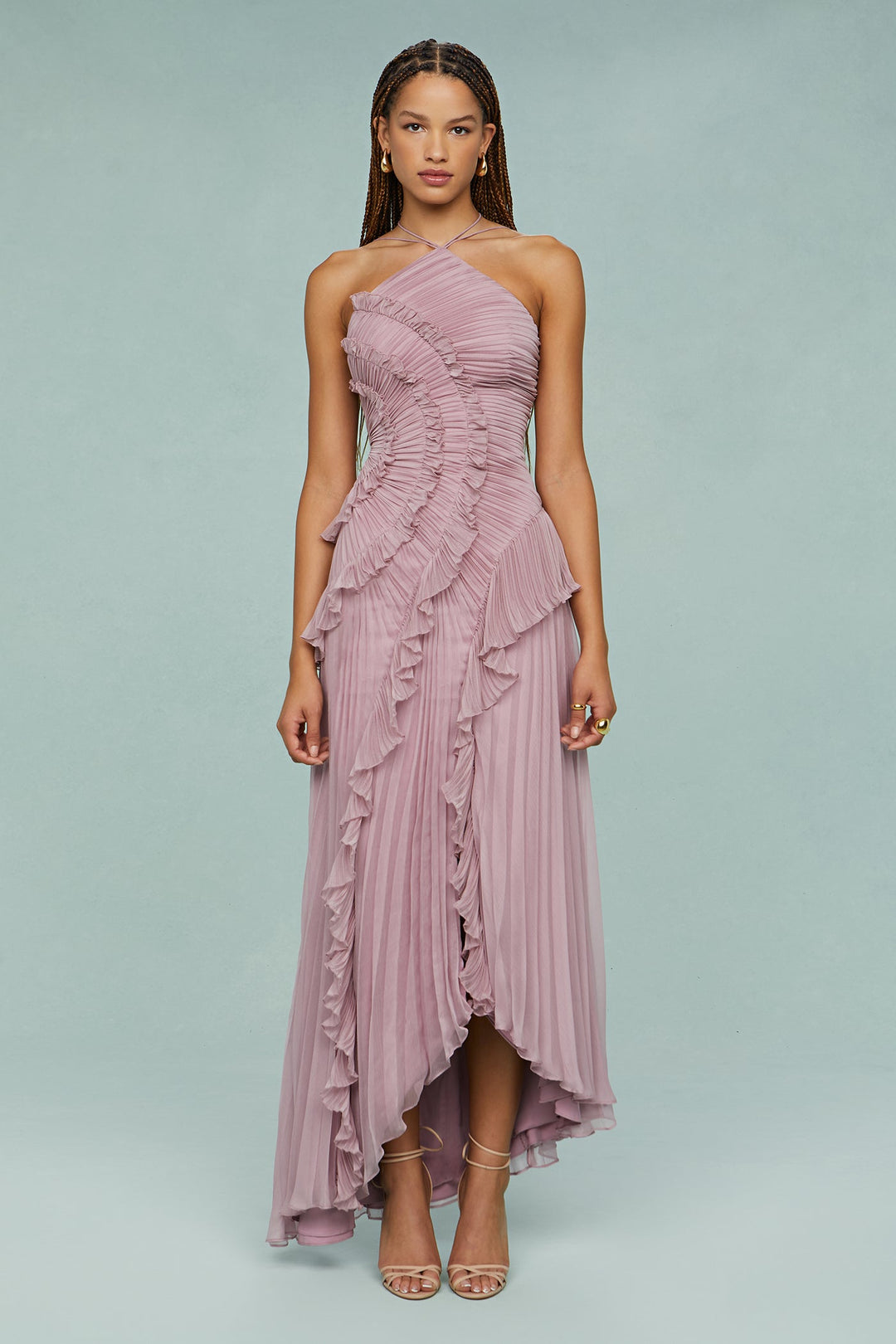 Dahlia | Women's Pink Pleated Ruffle Halter Maxi Wedding Guest Dress