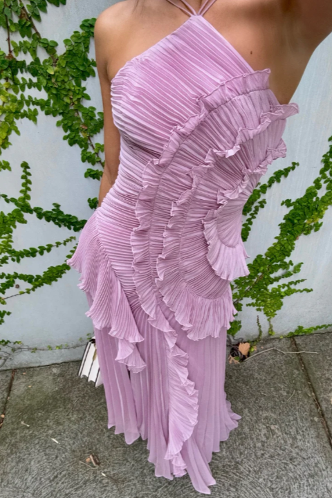 Dahlia | Women's Pink Pleated Ruffle Halter Maxi Wedding Guest Dress 2