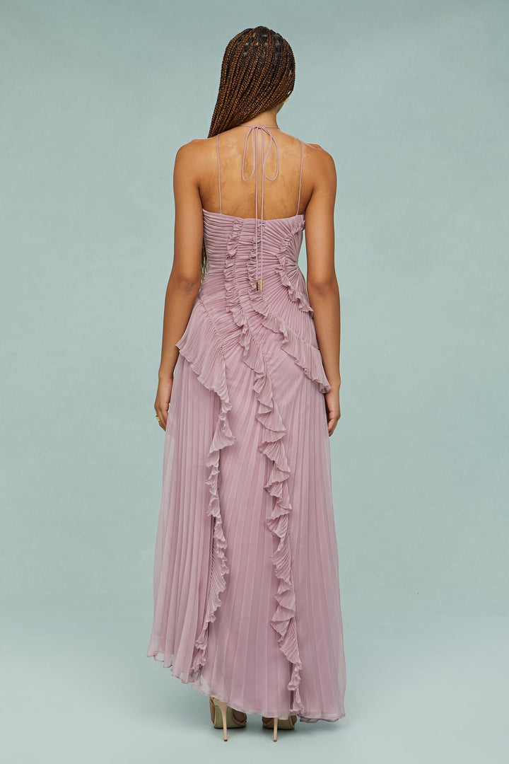 Dahlia | Women's Pink Pleated Ruffle Halter Maxi Wedding Guest Dress 3