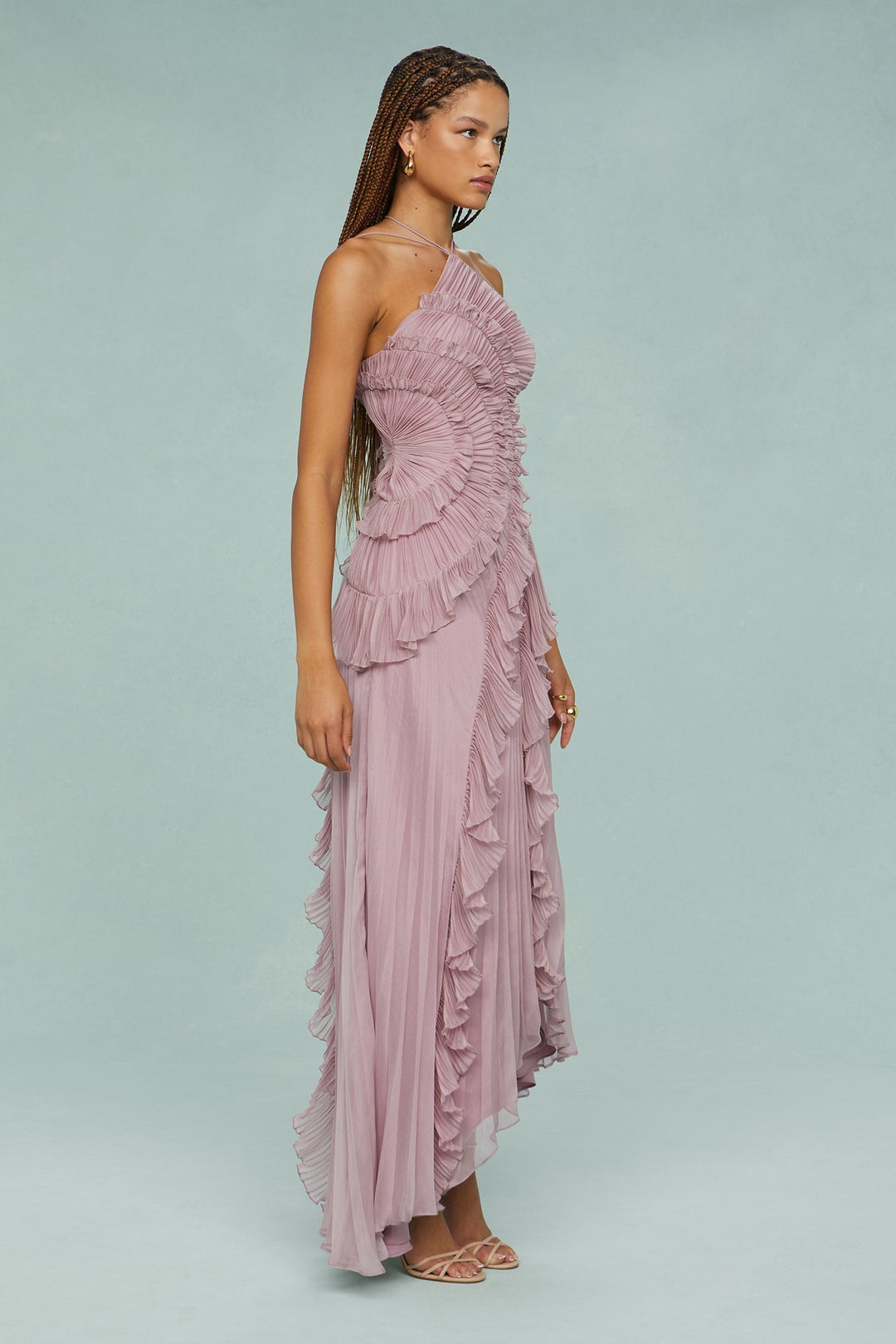 Dahlia | Women's Pink Pleated Ruffle Halter Maxi Wedding Guest Dress 4