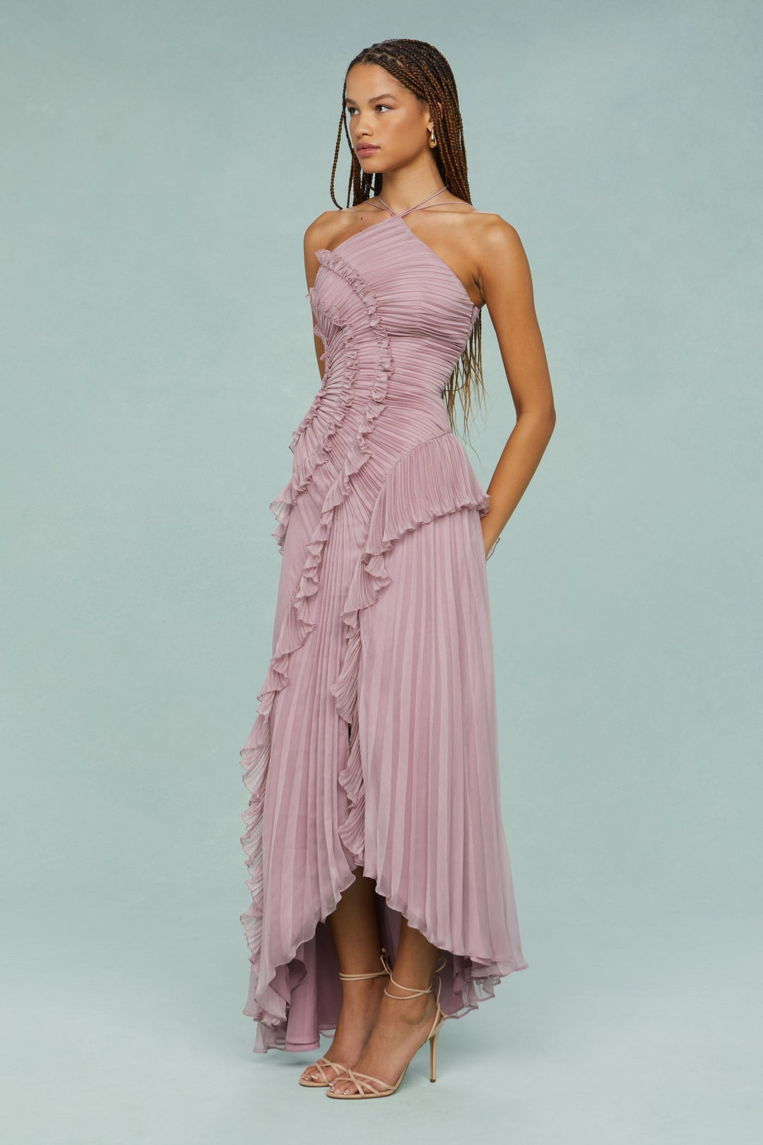 Dahlia | Women's Pink Pleated Ruffle Halter Maxi Wedding Guest Dress 5