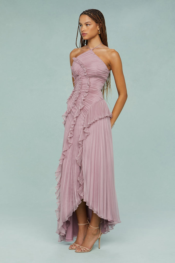 Dahlia | Women's Pink Pleated Ruffle Halter Maxi Wedding Guest Dress 5