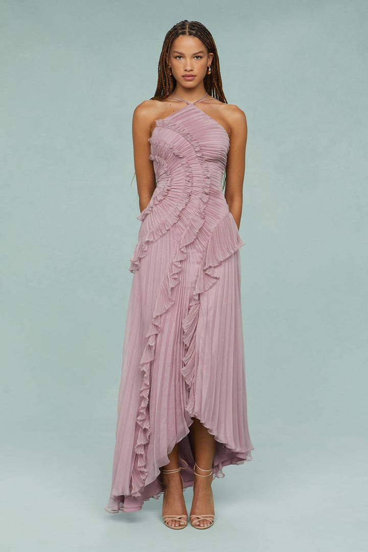 Dahlia | Women's Pink Pleated Ruffle Halter Maxi Wedding Guest Dress 7