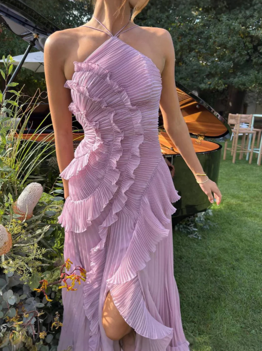 Dahlia | Women's Pink Pleated Ruffle Halter Maxi Wedding Guest Dress 8