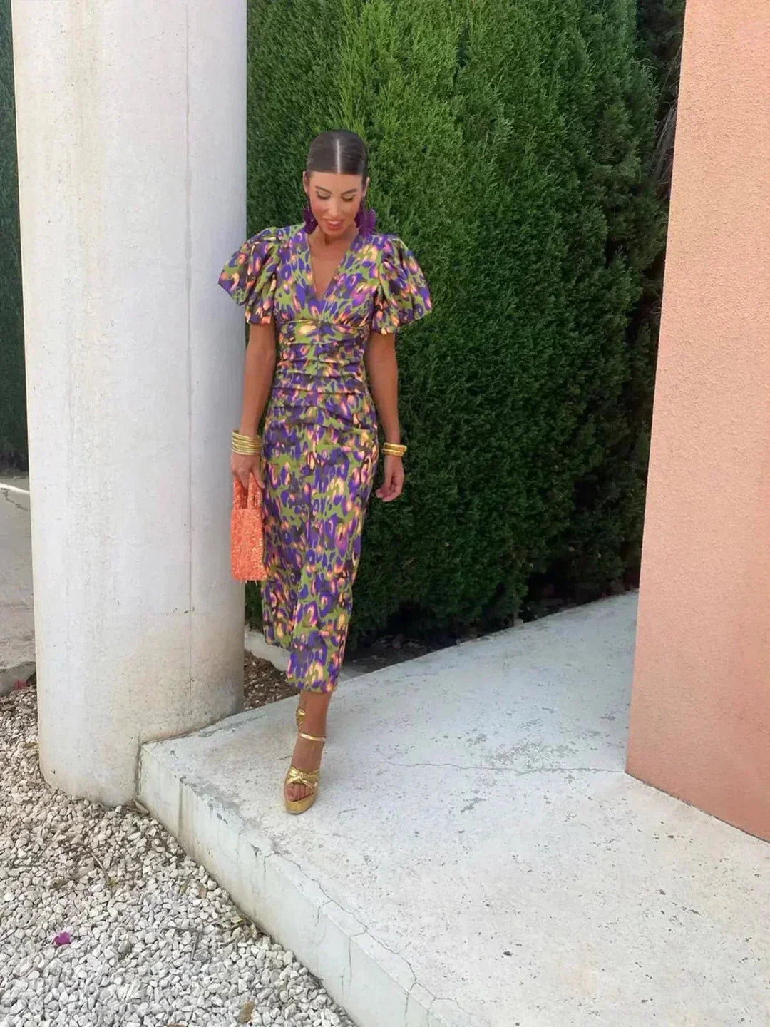 Davinka | Women's Maxi Dress V-Neck Puff Sleeve