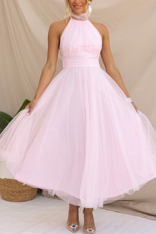 Dazira | Women's Tulle Wedding Guest Dress Halter A-Line Midi