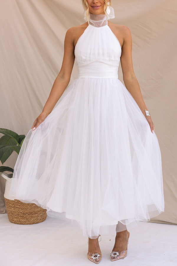 Dazira | Women's Tulle Wedding Guest Dress Halter A-Line Midi