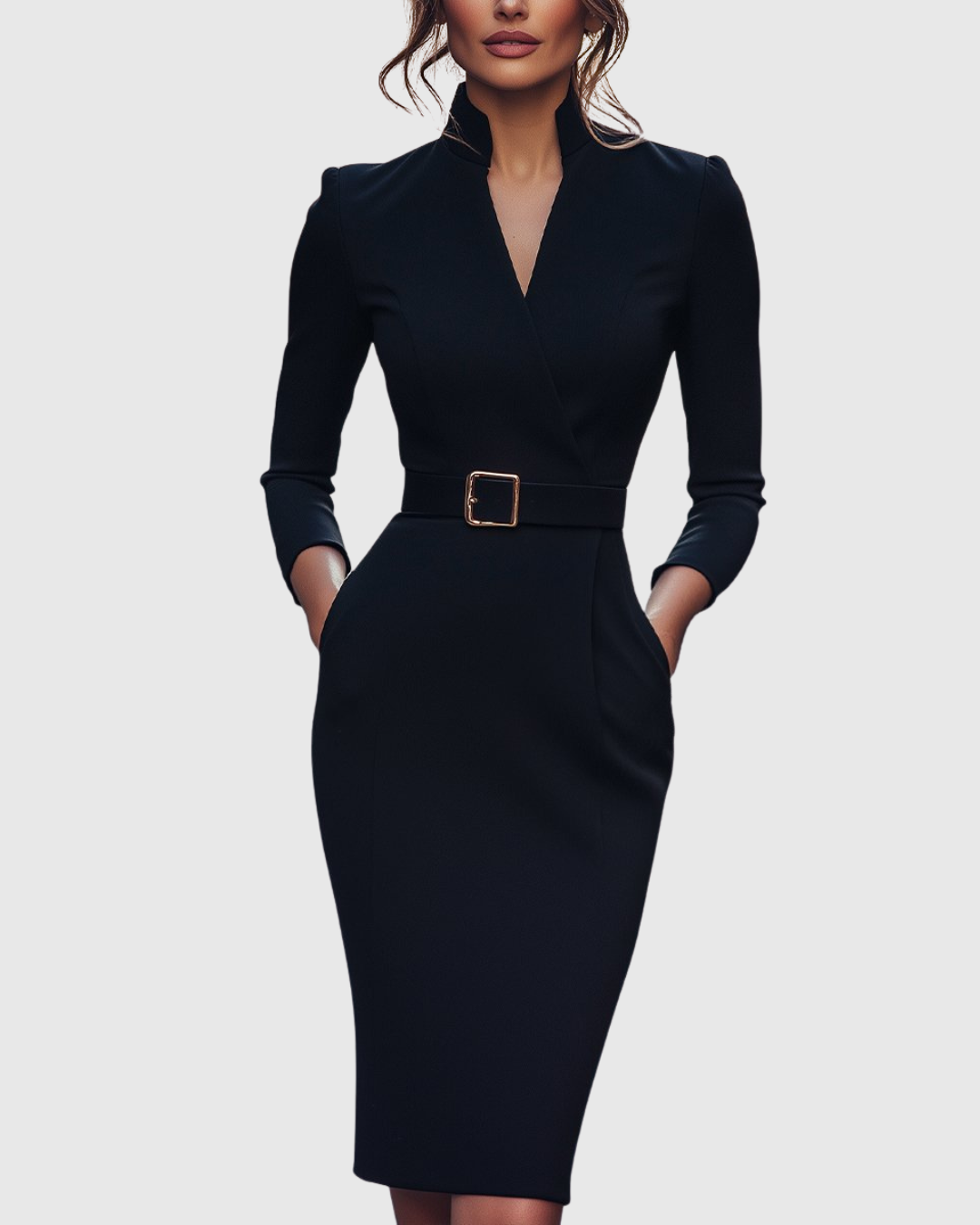 Della | Women's V-Neck Belted Puff Shoulder Midi Dress