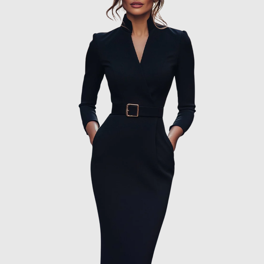 Della | Women's V-Neck Belted Puff Shoulder Midi Dress 1