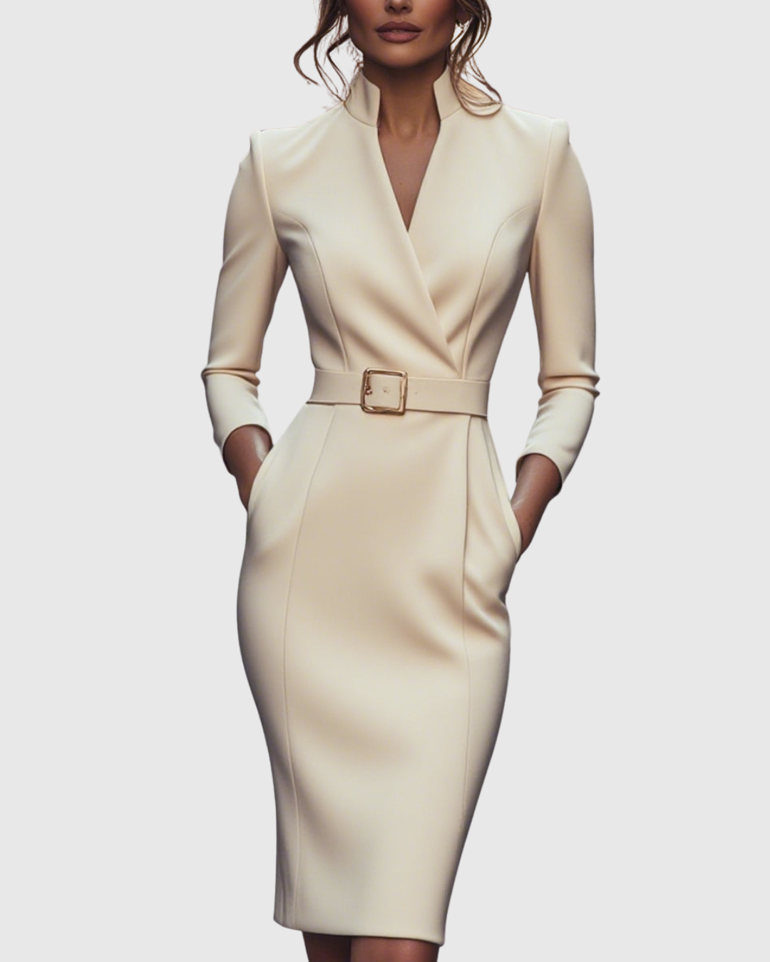 Della | Women's V-Neck Belted Puff Shoulder Midi Dress 10