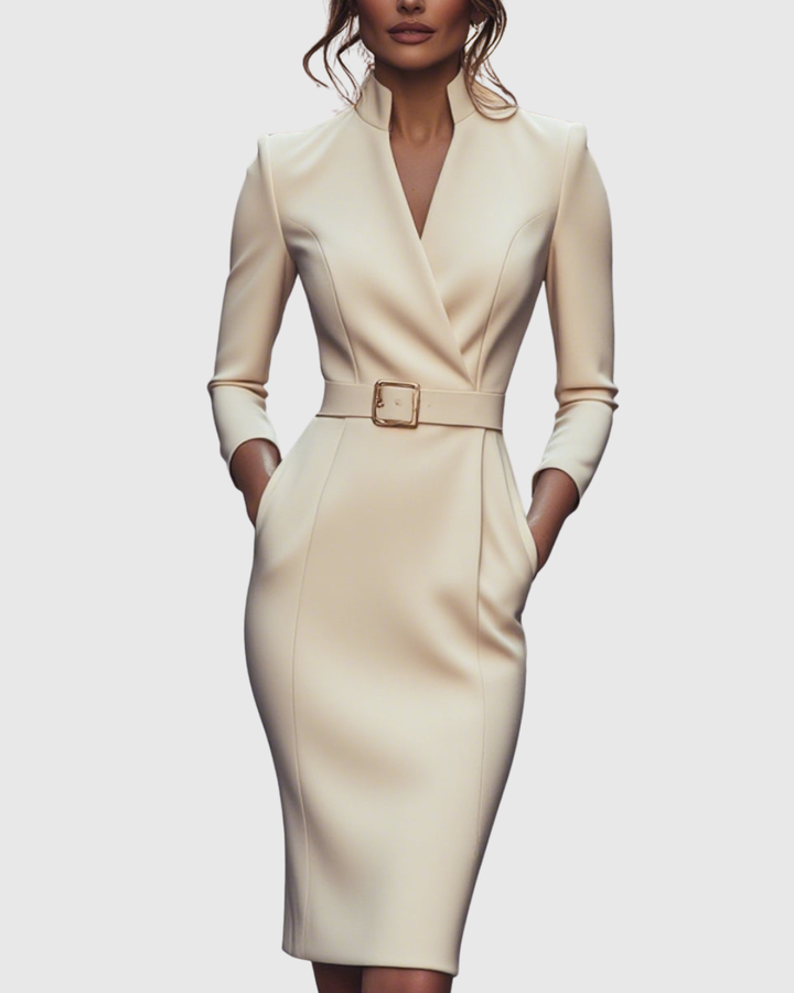 Della | Women's V-Neck Belted Puff Shoulder Midi Dress 10