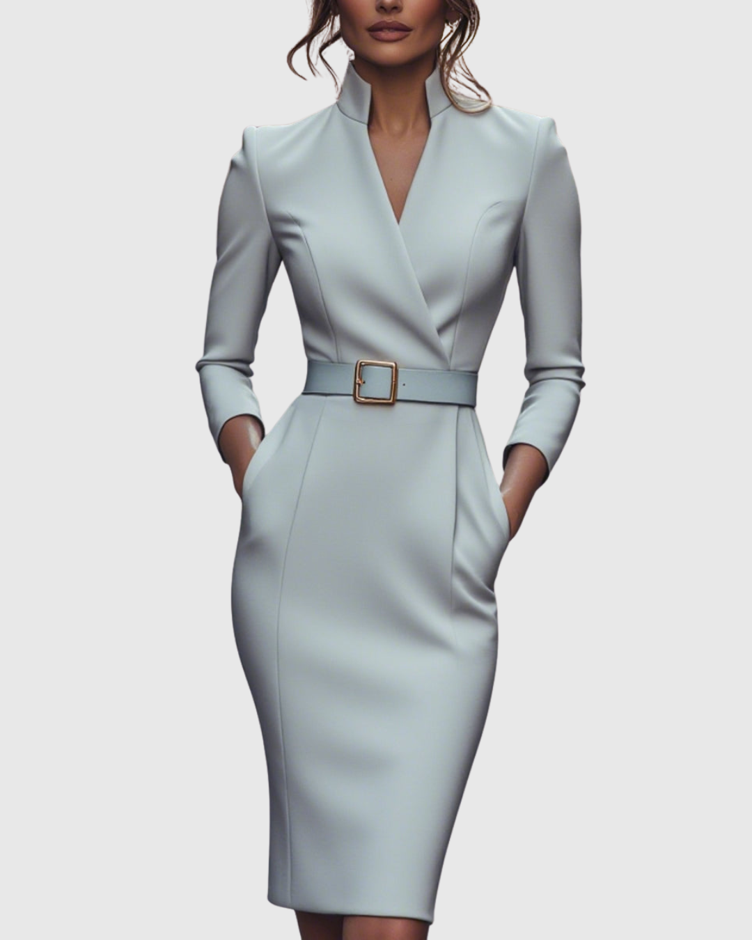 Della | Women's V-Neck Belted Puff Shoulder Midi Dress 11