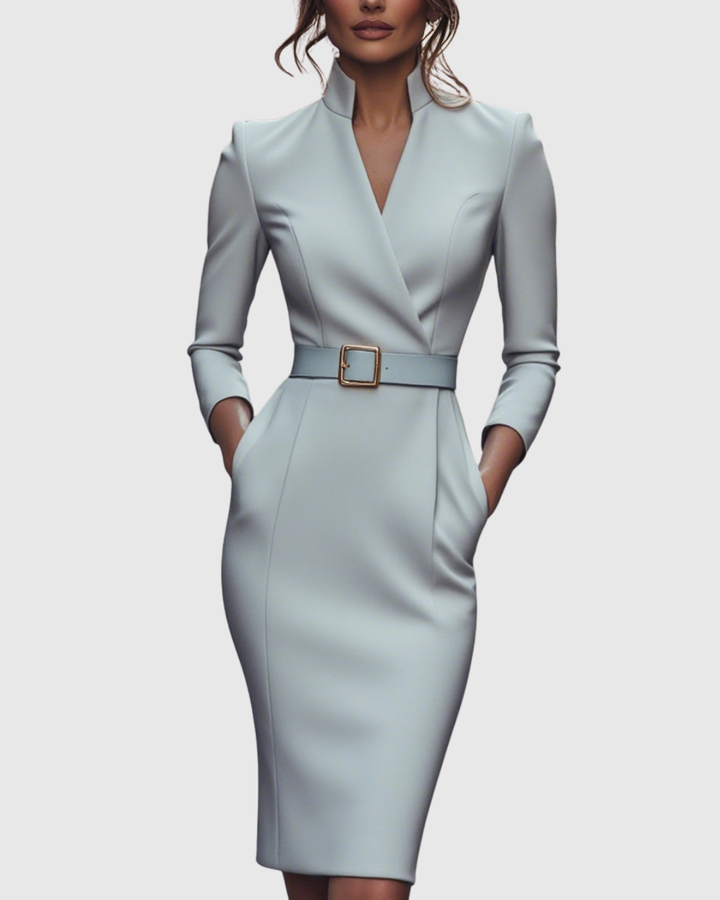 Della | Women's V-Neck Belted Puff Shoulder Midi Dress 11
