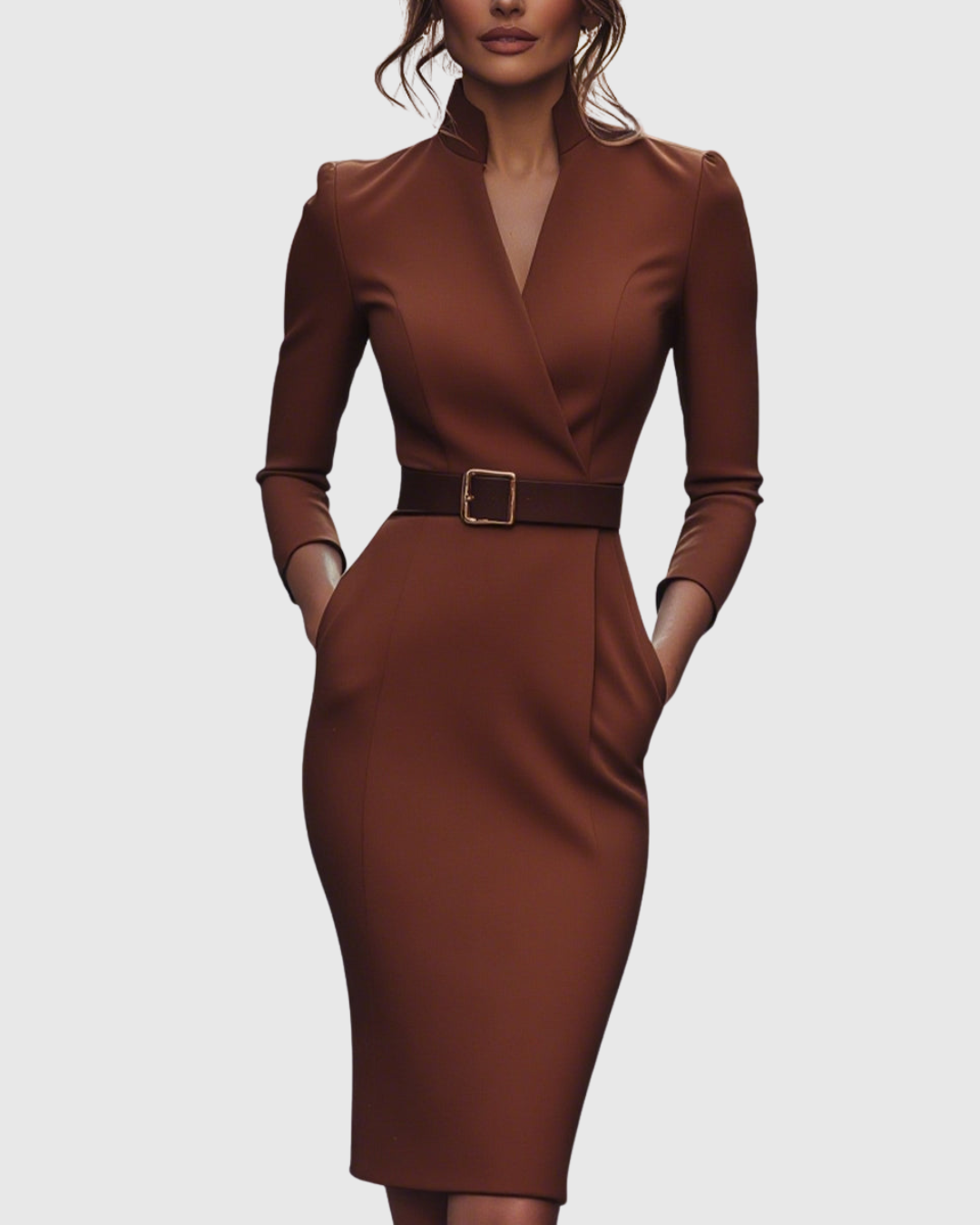 Della | Women's V-Neck Belted Puff Shoulder Midi Dress 12