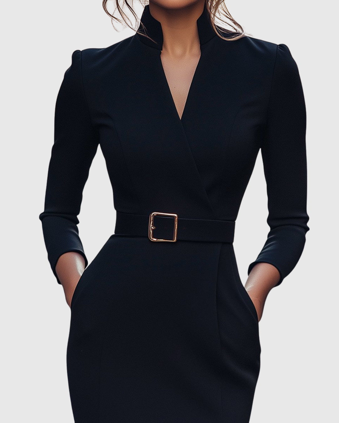 Della | Women's V-Neck Belted Puff Shoulder Midi Dress 2
