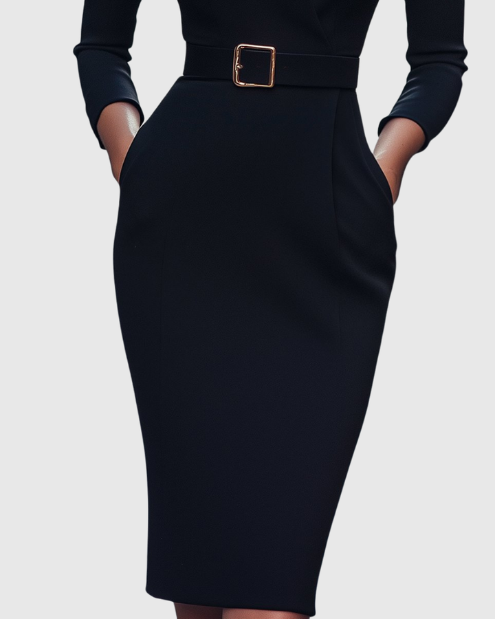 Della | Women's V-Neck Belted Puff Shoulder Midi Dress 3