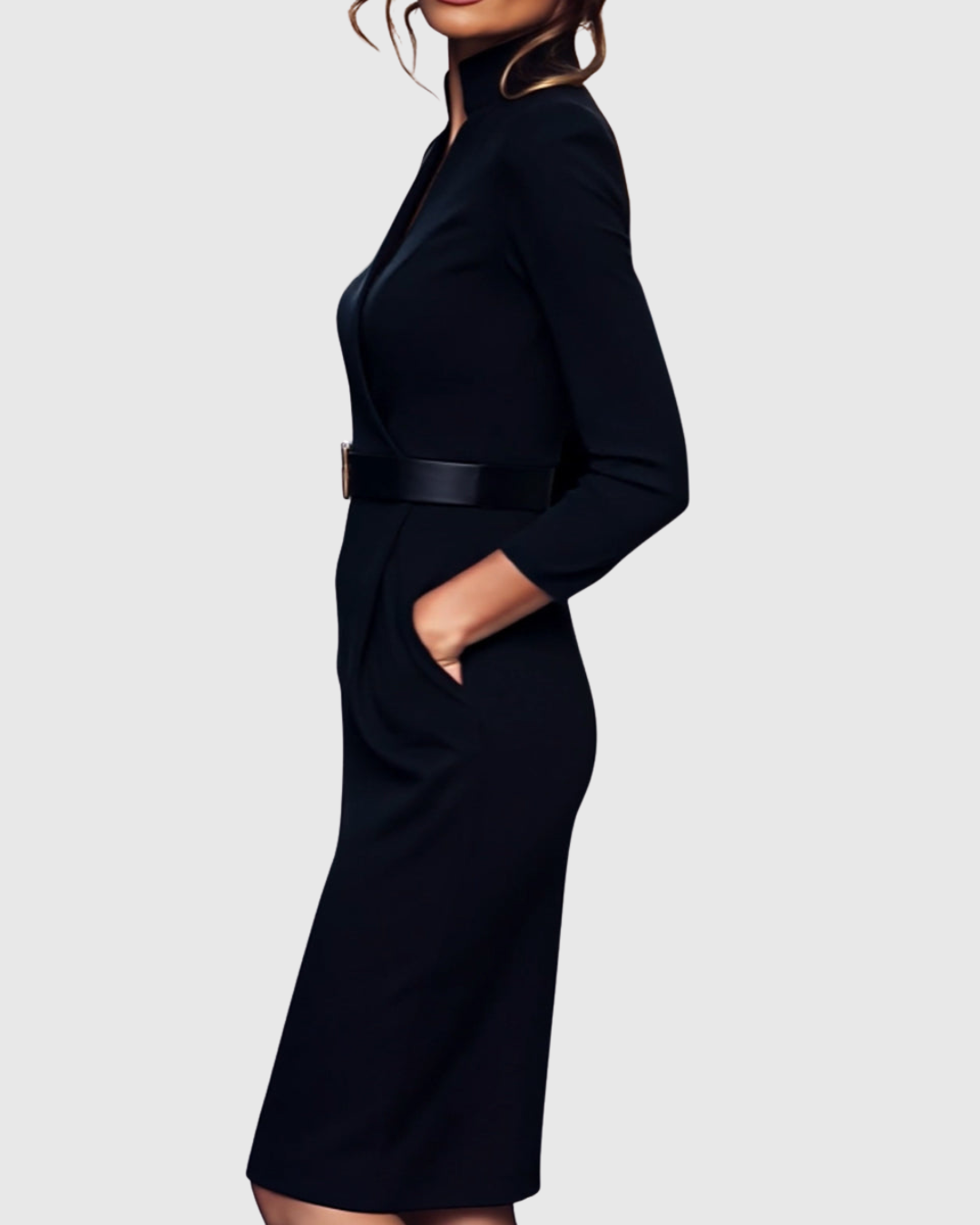 Della | Women's V-Neck Belted Puff Shoulder Midi Dress 4