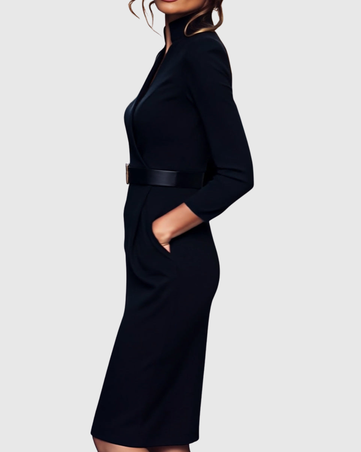 Della | Women's V-Neck Belted Puff Shoulder Midi Dress 4