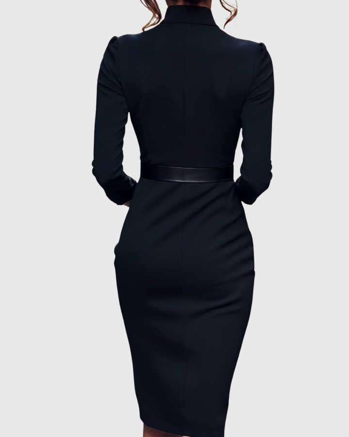 Della | Women's V-Neck Belted Puff Shoulder Midi Dress 5