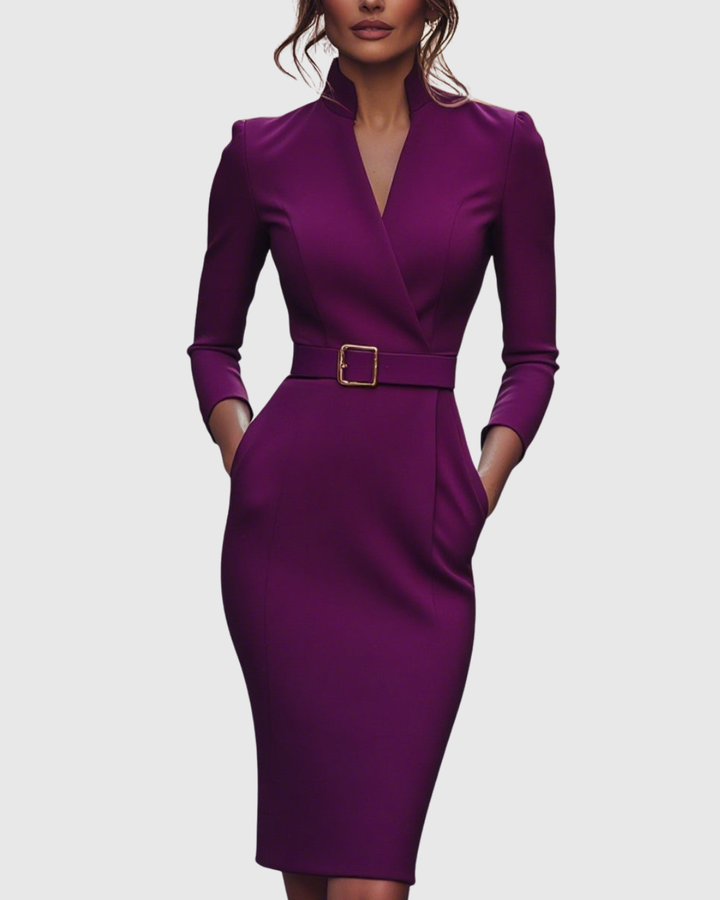 Della | Women's V-Neck Belted Puff Shoulder Midi Dress 6