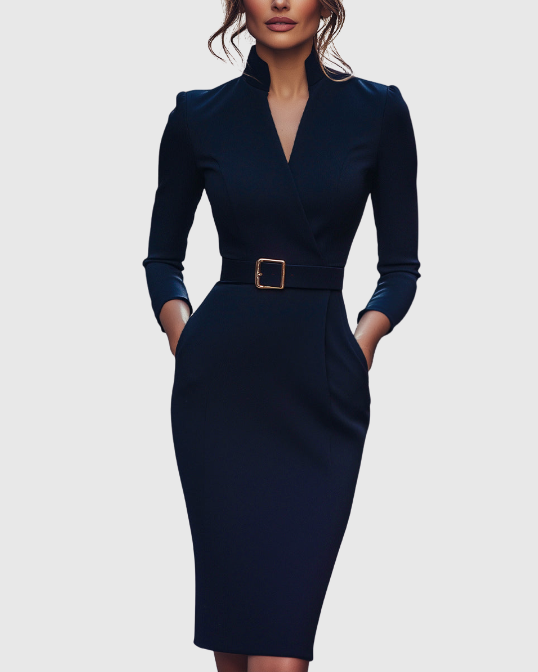 Della | Women's V-Neck Belted Puff Shoulder Midi Dress 7