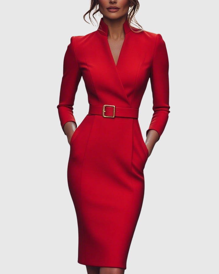 Della | Women's V-Neck Belted Puff Shoulder Midi Dress 9