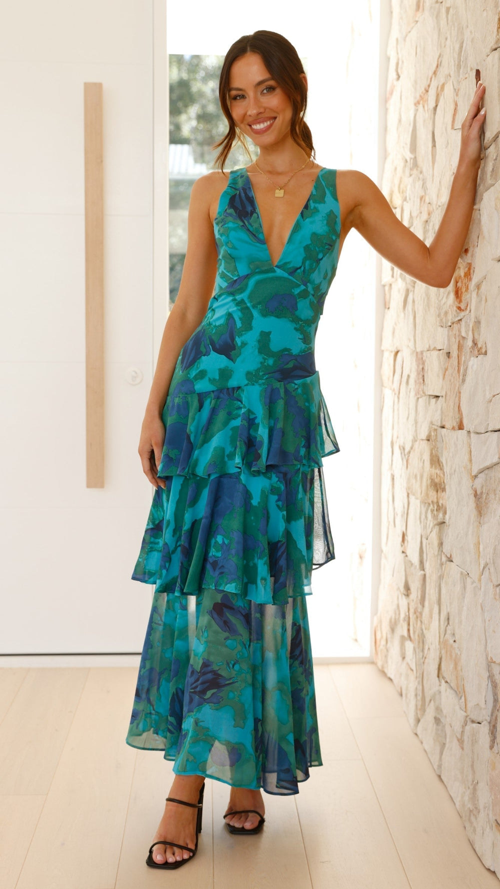 Devi | Women's Abstract Print V-Neck Tiered Ruffle Maxi Dress 1