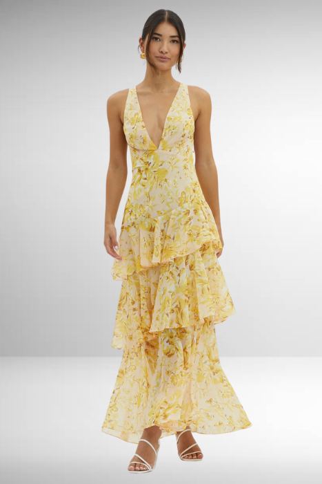 Devi | Women's Abstract Print V-Neck Tiered Ruffle Maxi Dress 10