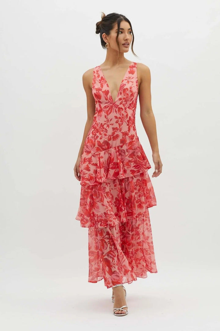 Devi | Women's Abstract Print V-Neck Tiered Ruffle Maxi Dress 11