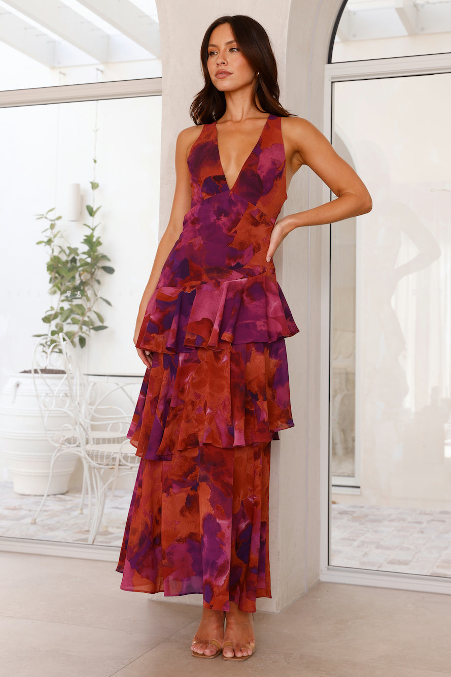 Devi | Women's Abstract Print V-Neck Tiered Ruffle Maxi Dress 6