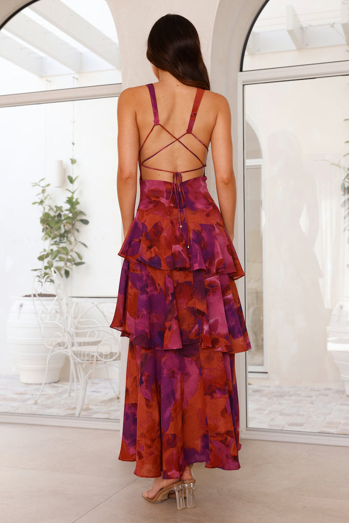 Devi | Women's Abstract Print V-Neck Tiered Ruffle Maxi Dress 8