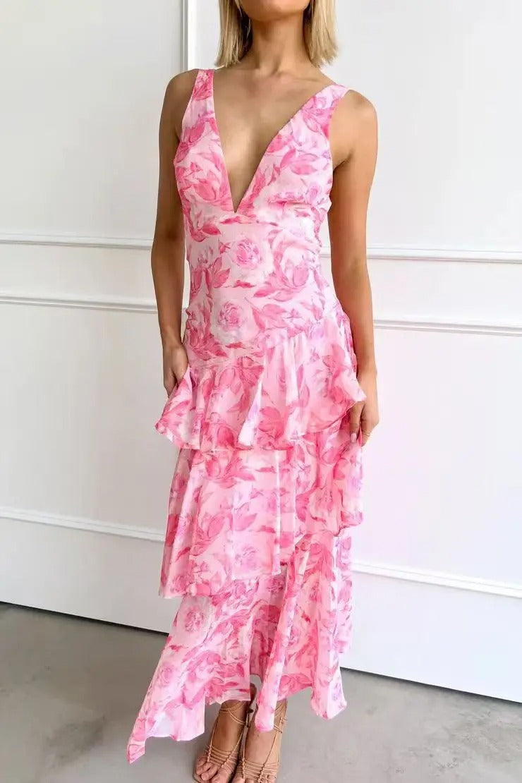 Devi | Women's Abstract Print V-Neck Tiered Ruffle Maxi Dress 9
