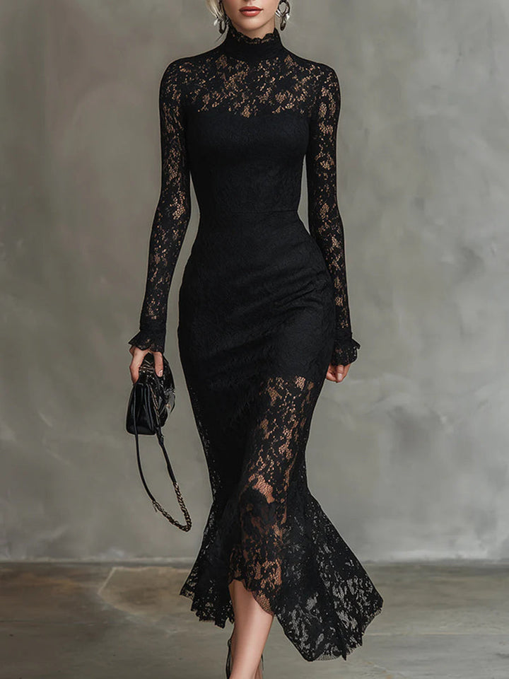 Diana | Women's Black Lace Turtleneck Long Sleeve Midi Dress