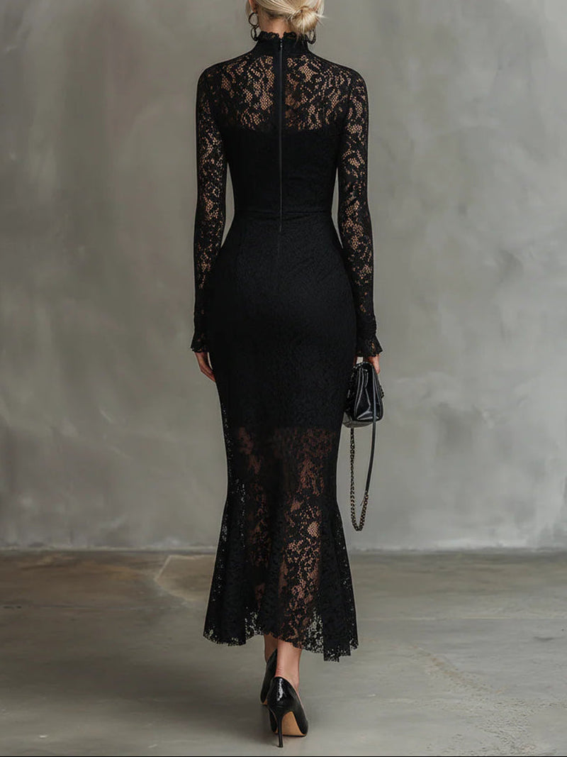 Diana | Women's Black Lace Turtleneck Long Sleeve Midi Dress 1