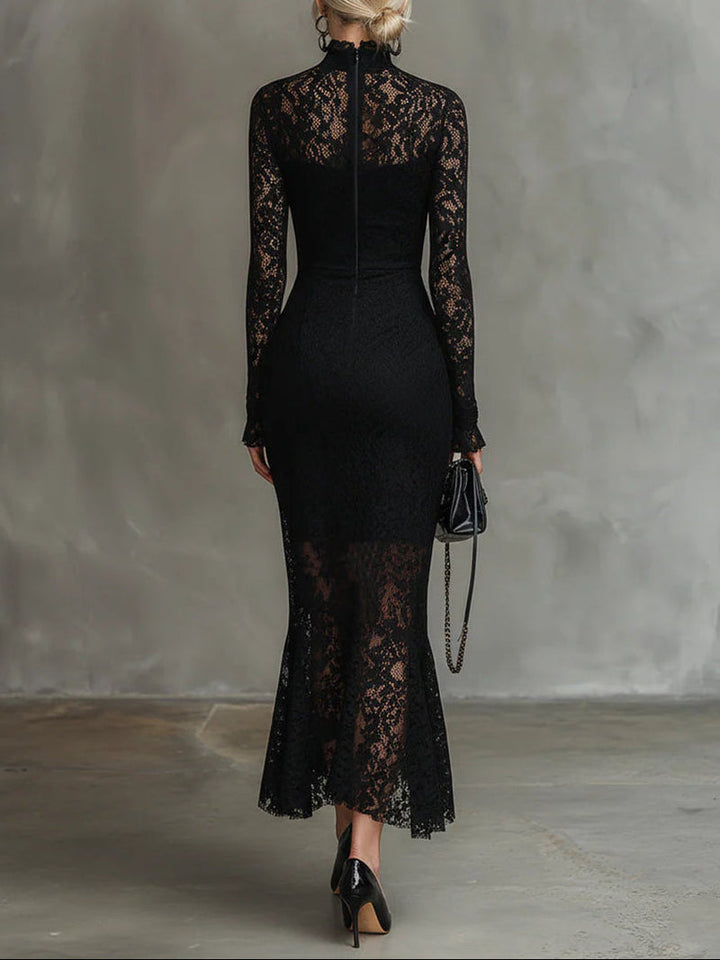 Diana | Women's Black Lace Turtleneck Long Sleeve Midi Dress 1