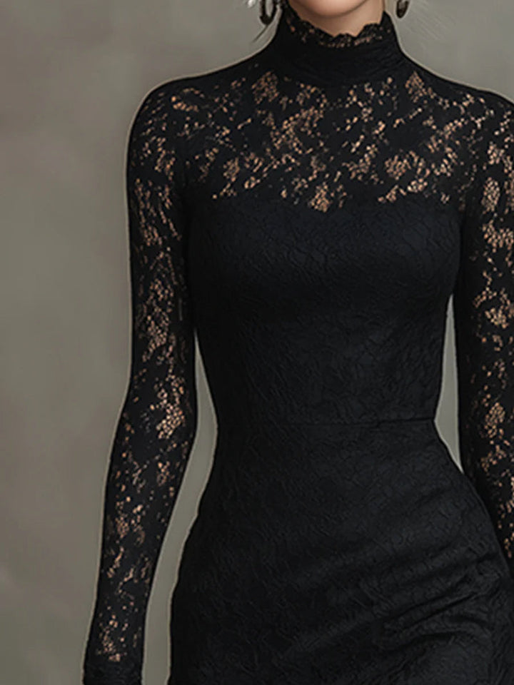 Diana | Women's Black Lace Turtleneck Long Sleeve Midi Dress 2