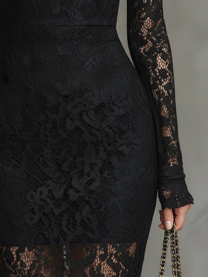 Diana | Women's Black Lace Turtleneck Long Sleeve Midi Dress 3