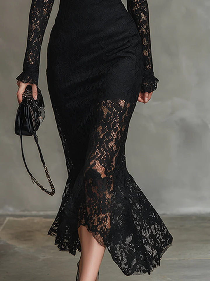 Diana | Women's Black Lace Turtleneck Long Sleeve Midi Dress 4