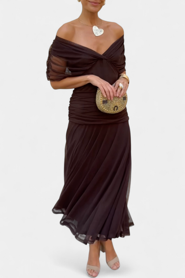 Dina | Women's Maxi Dress Off Shoulder V-Neck Ruched Chiffon 1