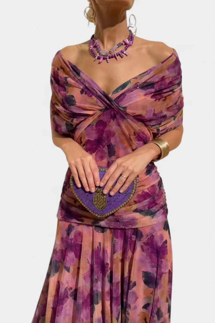 Dina | Women's Maxi Dress Off Shoulder V-Neck Ruched Chiffon 11
