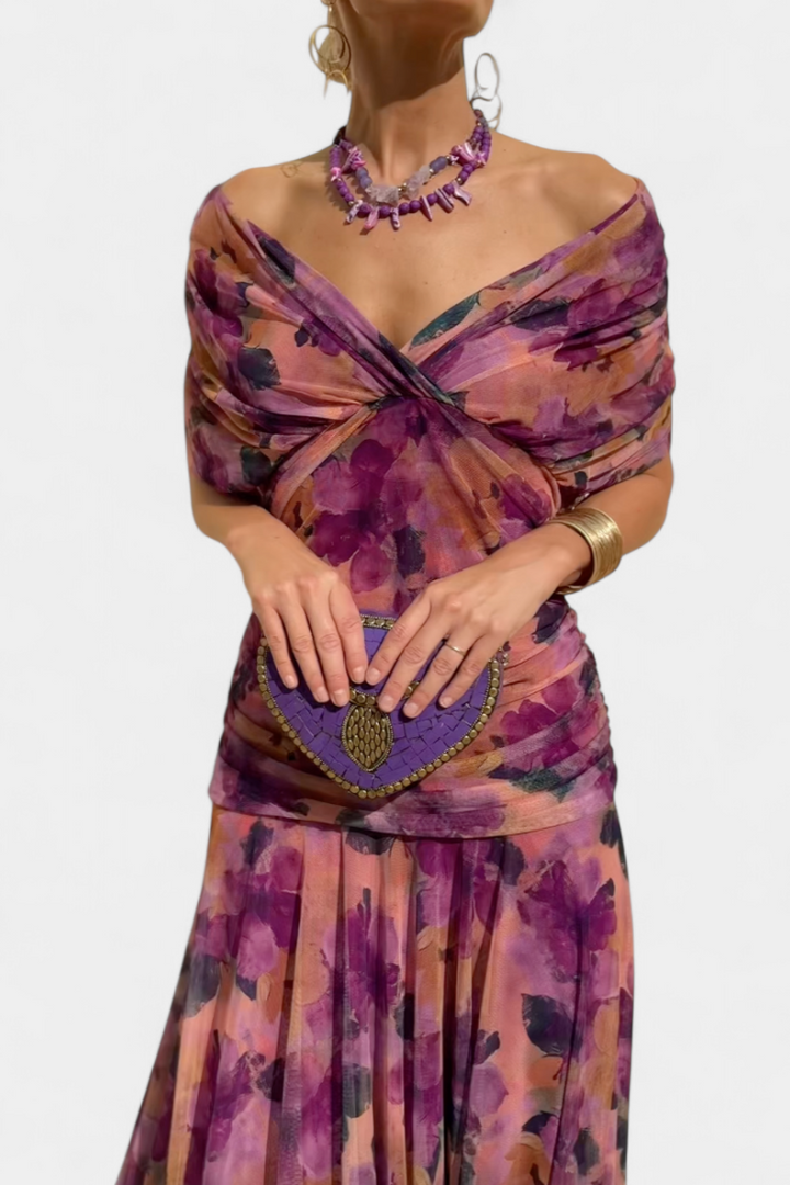 Dina | Women's Maxi Dress Off Shoulder V-Neck Ruched Chiffon 11