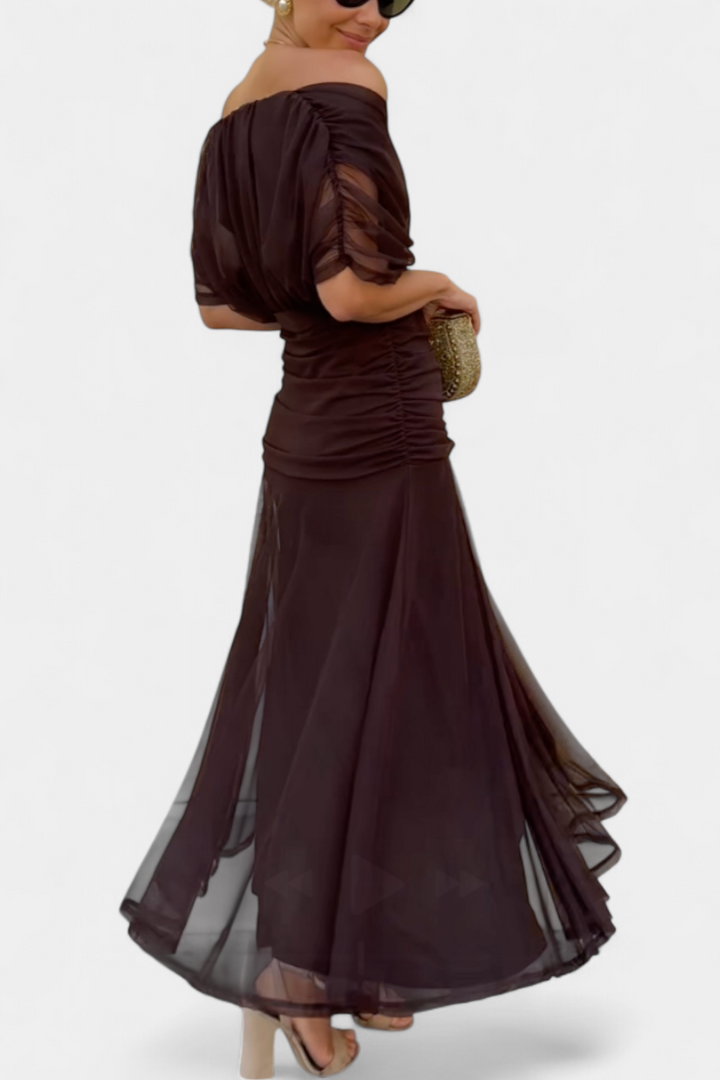 Dina | Women's Maxi Dress Off Shoulder V-Neck Ruched Chiffon 2
