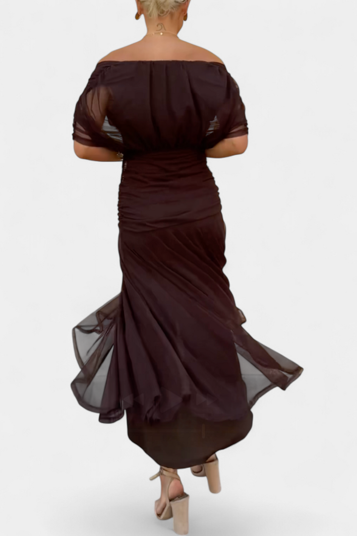 Dina | Women's Maxi Dress Off Shoulder V-Neck Ruched Chiffon 3