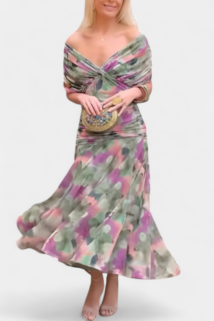 Dina | Women's Maxi Dress Off Shoulder V-Neck Ruched Chiffon 4