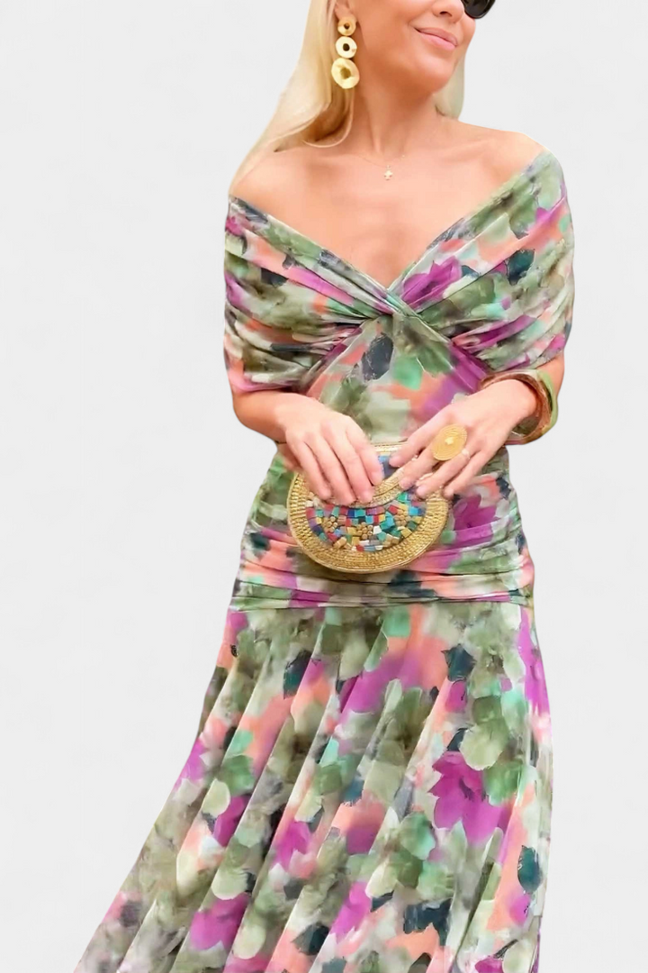 Dina | Women's Maxi Dress Off Shoulder V-Neck Ruched Chiffon 5