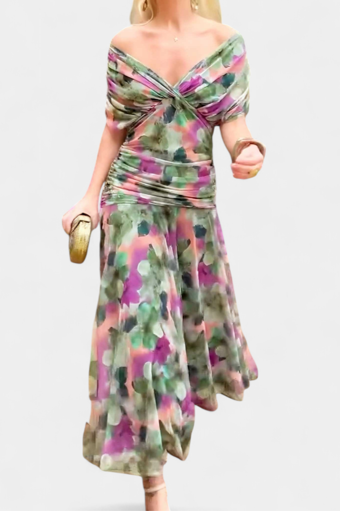 Dina | Women's Maxi Dress Off Shoulder V-Neck Ruched Chiffon 7