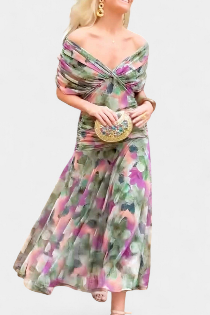 Dina | Women's Maxi Dress Off Shoulder V-Neck Ruched Chiffon 8