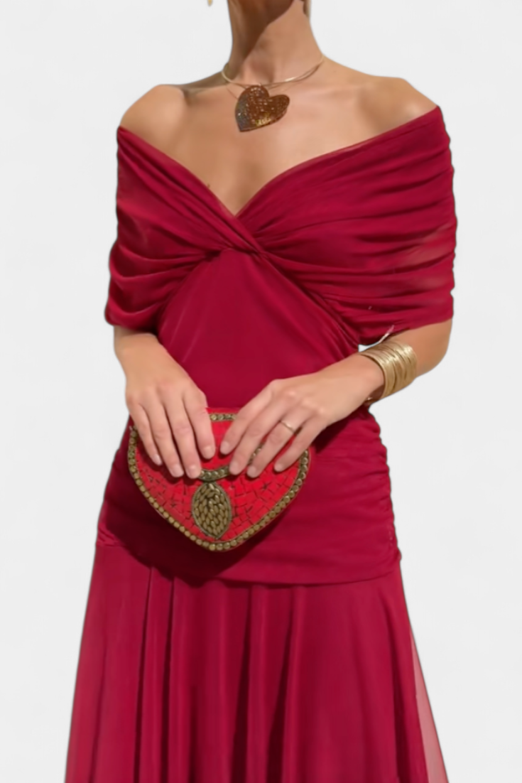 Dina | Women's Maxi Dress Off Shoulder V-Neck Ruched Chiffon 9