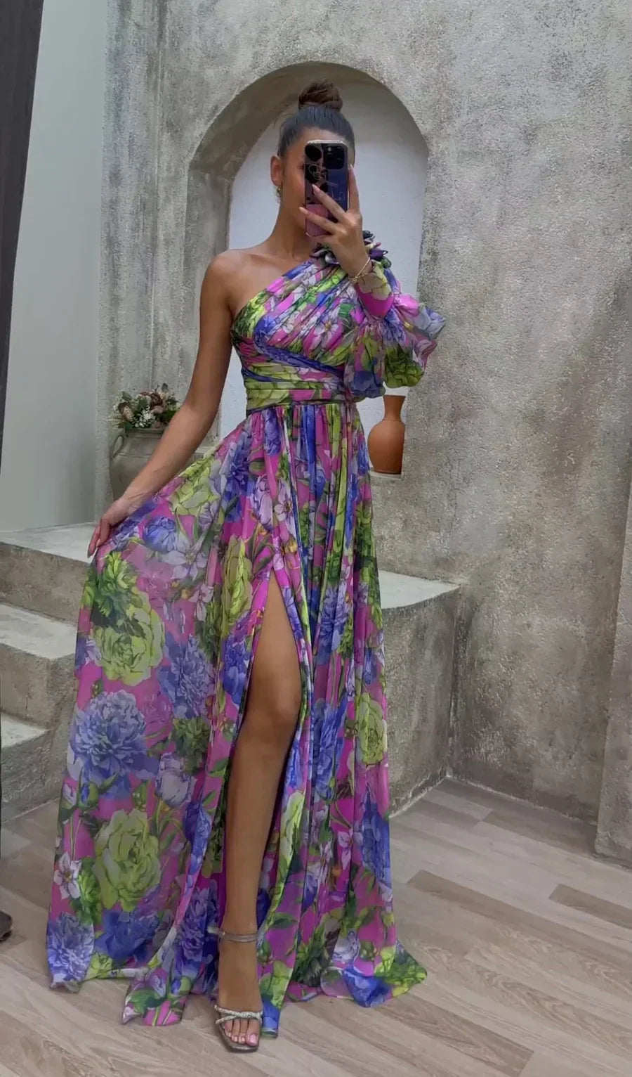 Drevia | Women's Floral One-Shoulder Puff Sleeve Slit Maxi Dress