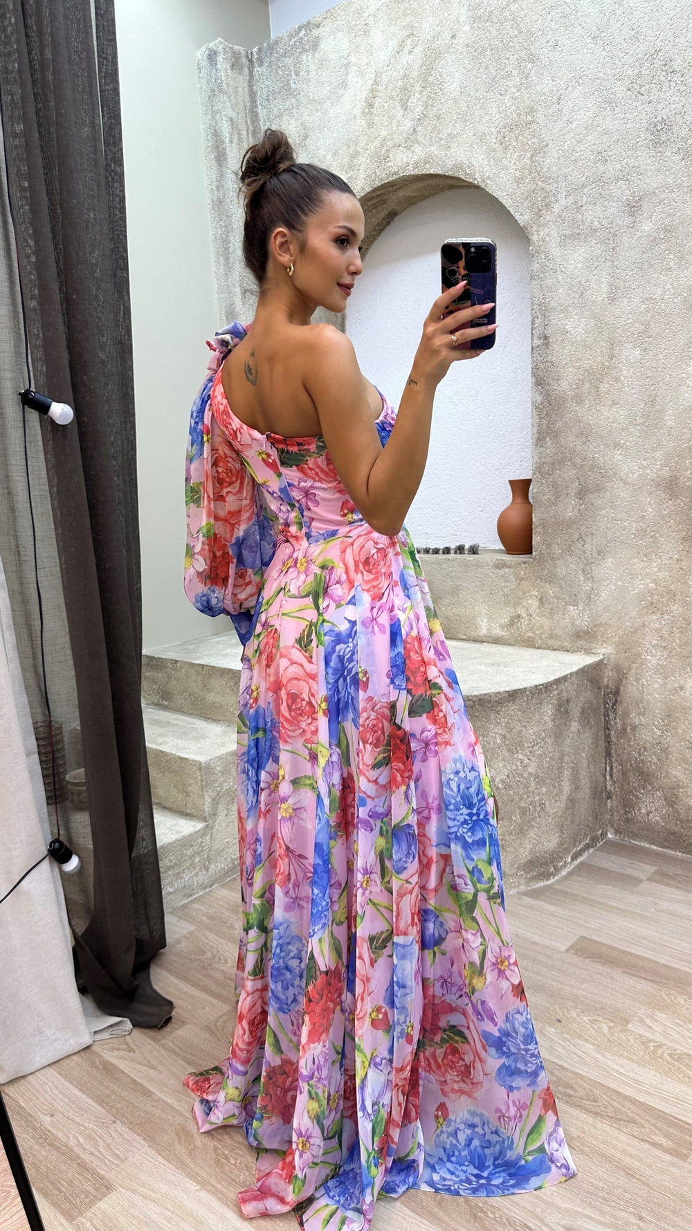 Drevia | Women's Floral One-Shoulder Puff Sleeve Slit Maxi Dress 1